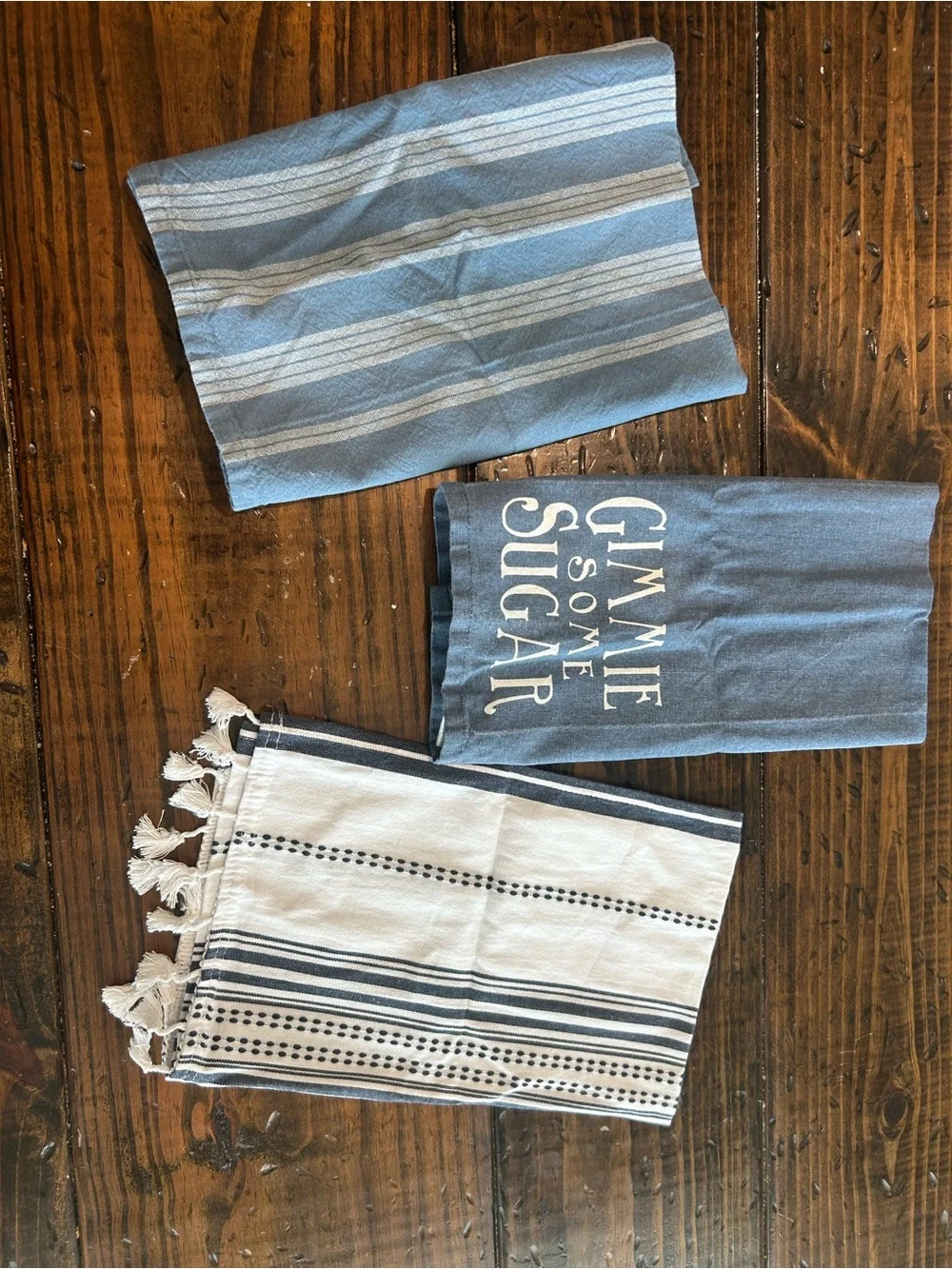 Blue Stripe Kitchen Towel Set with Tassels and Printed Accent